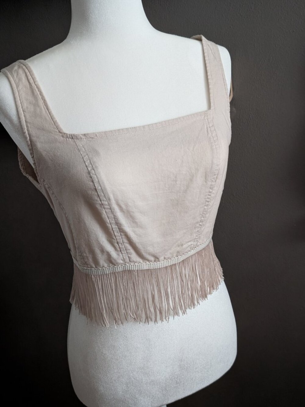 PrettyLittleThing Cotton Fringe Hem Crop Top Cream Neutral Boho Festival US 8